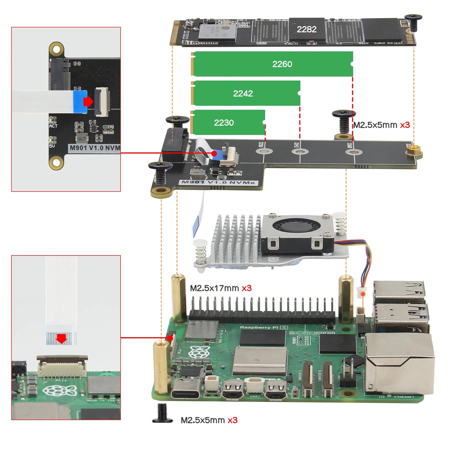 Custom M901 PCIe to M.2 NVMe SSD Board Shield for Pi 5