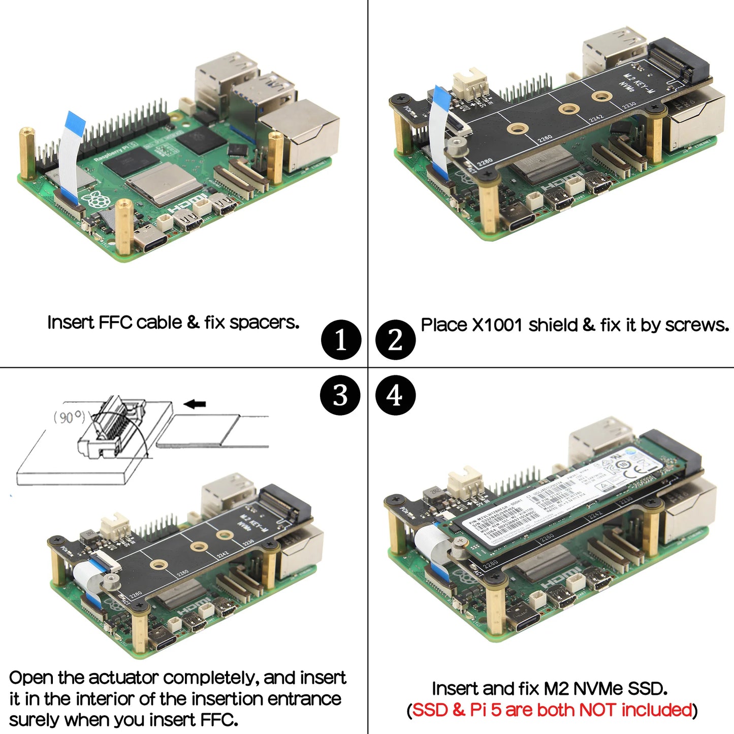 Custom X1001 PCIe to NVMe M.2 SSD Shield Board for Pi 5