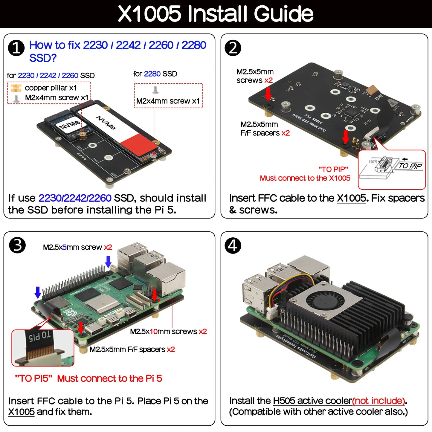 Custom X1005 Dual 2230/2242/2260/2280 NVMe SSD shield for Pi 5