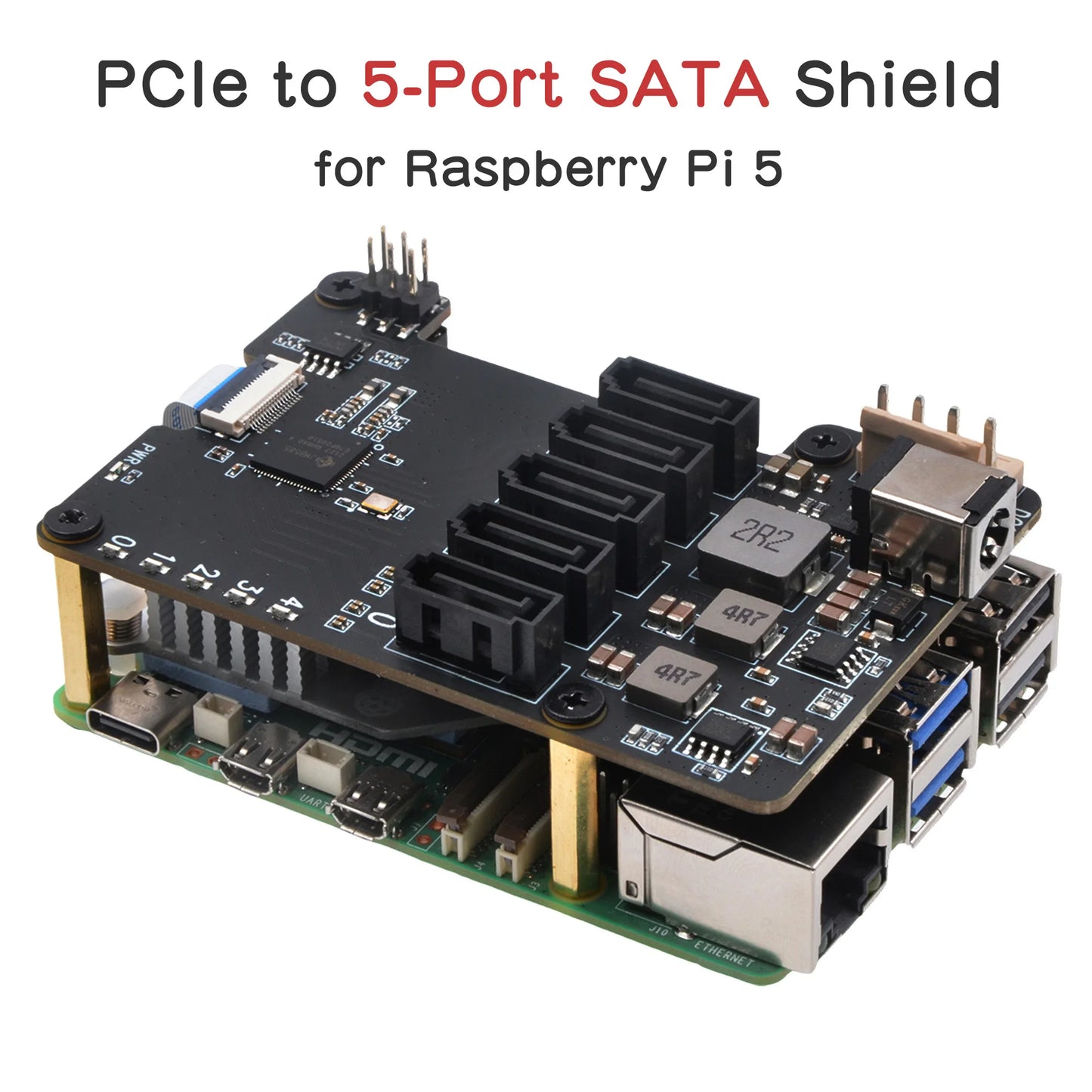 Custom X1009 PCIe to 5-Port SATA Shield for Pi 5 (NOT Support Boot from HDD/SSD)