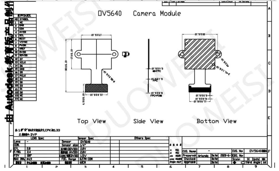 Custom OV5640 110 degrees camera 24PIN 0.5MM with IR Cut Switch 70mm ir switch wire 10cm