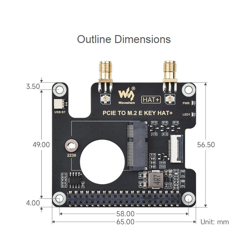 PCIe M.2 E KEY HAT+ Extension Board Compatible NGFF (M.2 E Key) Wireless NIC Support USB for Connection for Raspberry Pi 5
