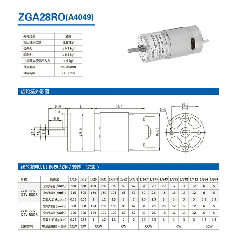 Custom ZGA28RO DC12V 24V 4/5/10/20/30/40/50/60/80/100/120/150/160/200/300/400/454/1600 RPM gear motor 28mm High Torque Manufacturer