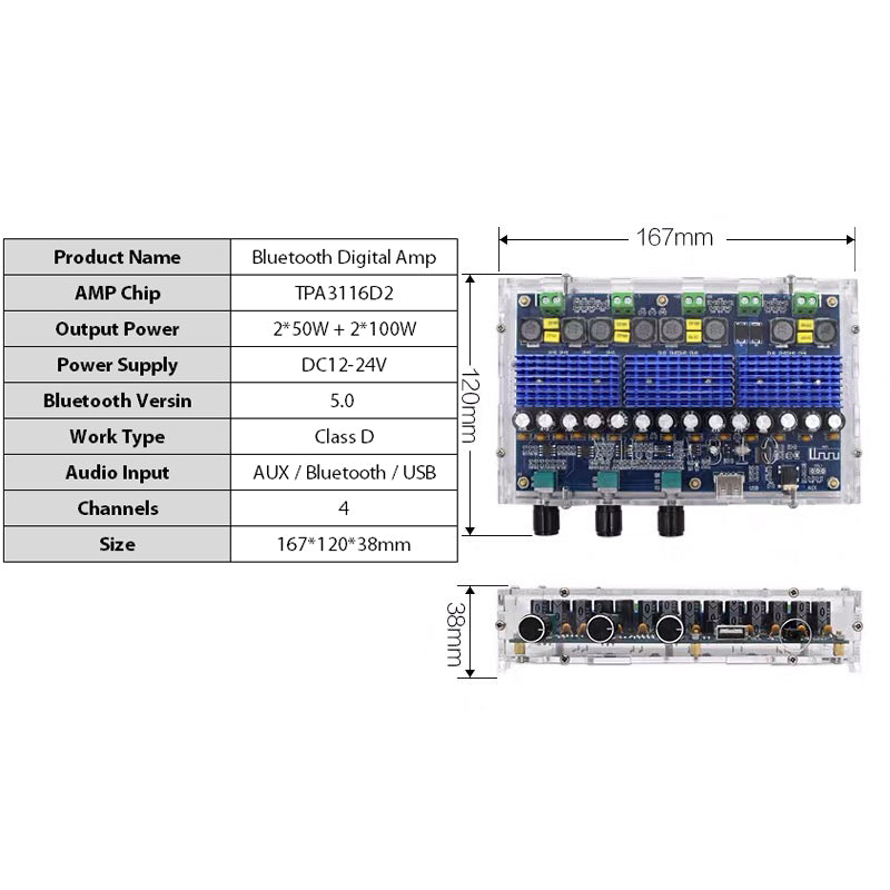 2*50W + 2*100W TPA3116D2 5.0 Digital Amplifier Board Subwoofer 4 Channels TPA3116 Class D AMP amplifier board pcb assembly Customize