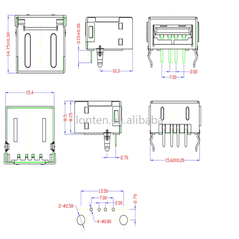 Custom 5 pcs/lot Single Socket Type A Bent Pins USB Connector PCB Female Port Jack Tail Electric Terminals Manufacturer