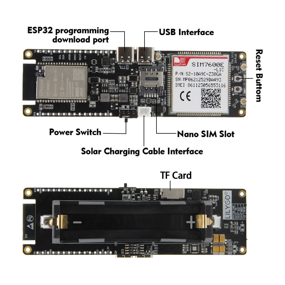 TTGO T-SIM7600E-L1C 4G LTE CAT4 USB Dongle Module ESP32 Chip WiFi 18650 Battery Holder Solar Charge Board Custom PCB customize