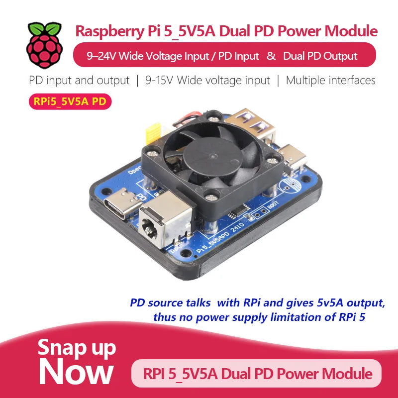 Dedicated 5V5A Dual PD Power Module for Raspberry Pi 5 924V Wide Voltage Input / PD Input and Dual PD Output