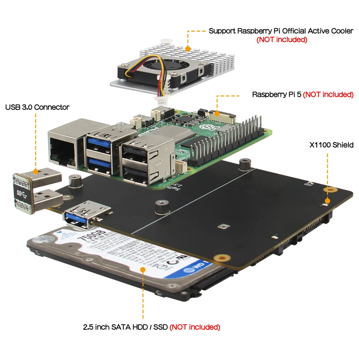 X1100 2.5" SATA HDD / SSD Shield for Raspberry Pi 5