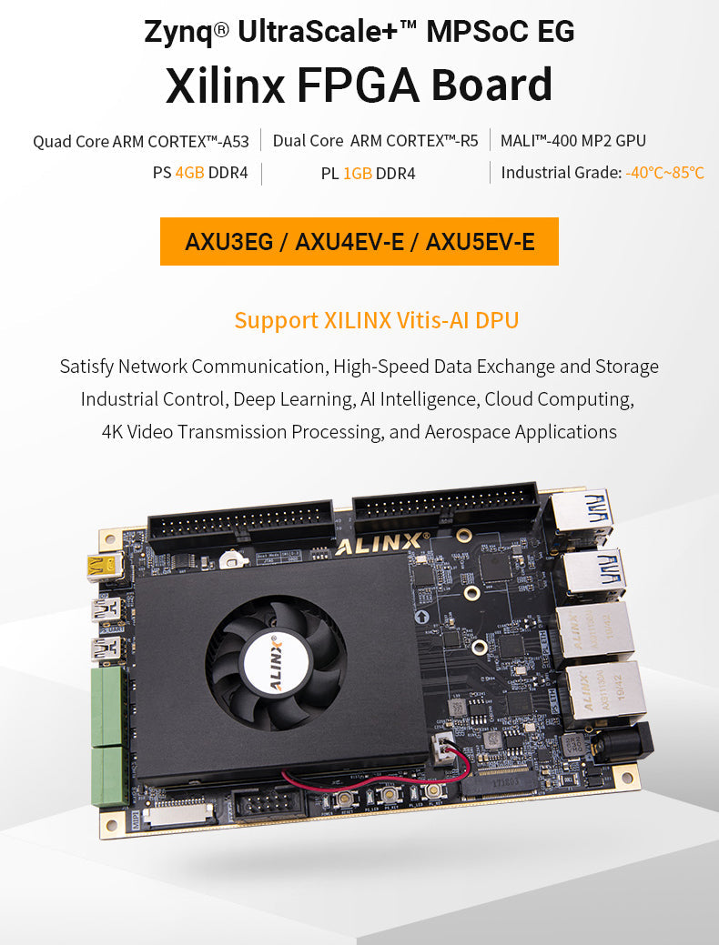 AXU3EG: Xilinx Zynq UltraScale+ MPSoC ZU3EG FPGA Development Board AI Vitis-AI DPU 4K Video Custom PCB