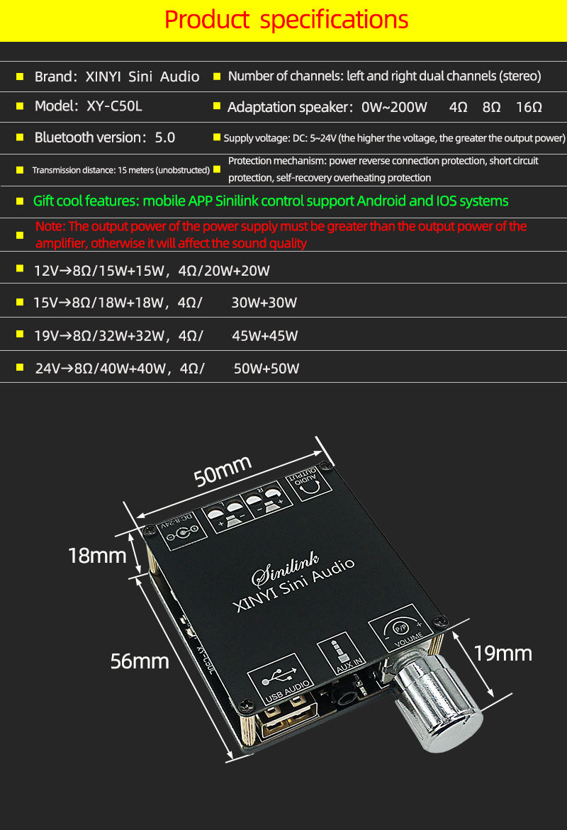 2*50W Class D Audio Power Amplifier 10W~200W HiFi Stereo Wireless Music Player Mini USB Sound Card App Digital AMP pcb assembly Customize