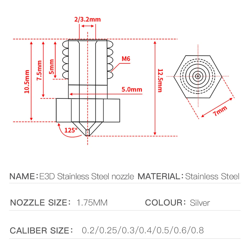 Custom E3DV6 Nozzle Stainless Steel Nozzle M6 Threaded For E3DV6 Print Head Extruder 1.75mm Filament 3D Printer Print Head Manufacturer
