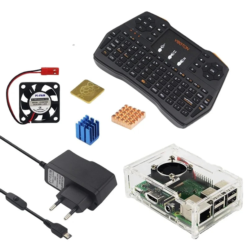 Custom Lonten Raspberry Pi 3 B+ Acrylic Case + Fan + 16 GB + Russian Spanish Mini Keyboard + Heat Sink + Switch Power Adapter + Manufacturer