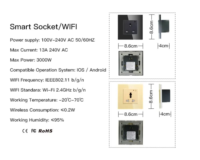 Custom WiFi Smart Wall Socket Outlet Glass Panel Smart Life/Tuya APP Remote Control,Works with Amazon Echo Alexa Google Home EU FR UK Manufacturer