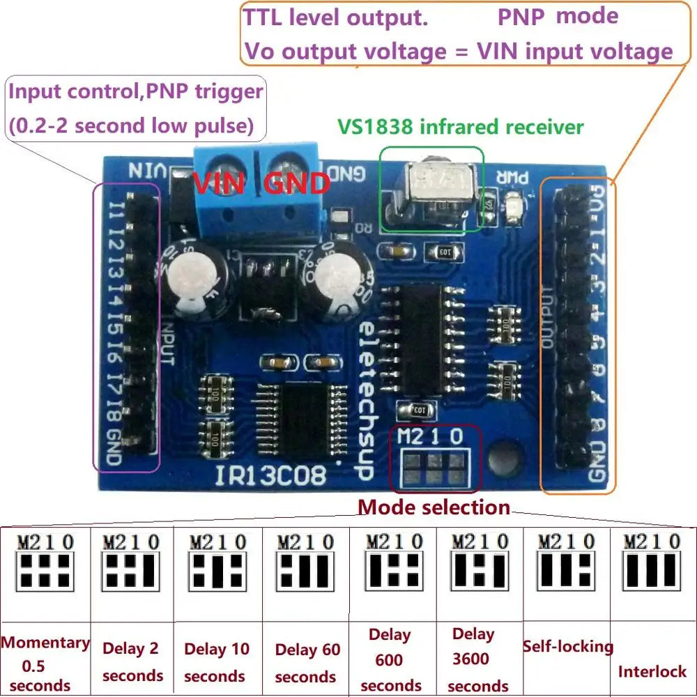 Custom OEM DC 5V 12V Multi-function VS1838 IR infrared control Switch Module for 8 Channel Delay Self-locking Inter-locking Relay Diy B Manufacturer
