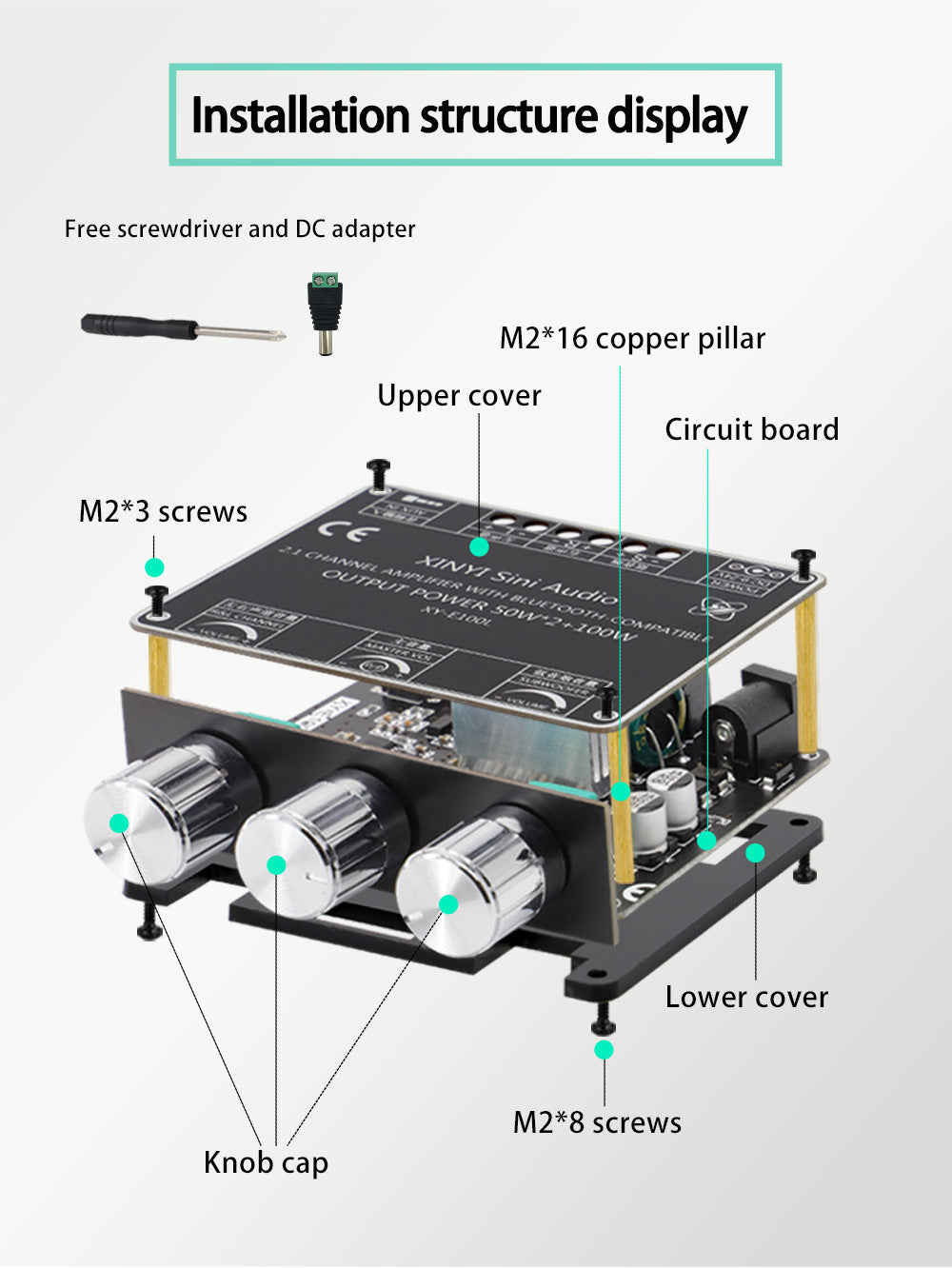 2*50W+100W Power Subwoofer audio Amplifier Board Class D 2.1 CH Home Theater Audio Stereo Equalizer APP AUX Amp pcb assembly Customize