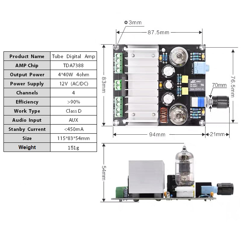 4*40W TDA7388 HIFI vacuum tube Audio Preamplifier board 4 Channels Stereo Digital Class D Power Amplifier board pcb assembly