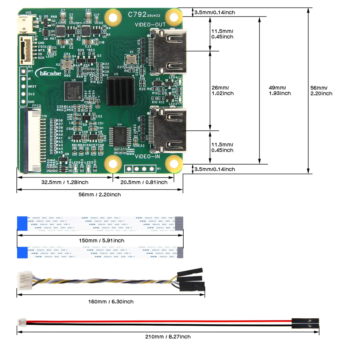 C792 HD to CSI-2 Converter Module with HD Loop Out Supports I2S Audio Output for Raspberry Pi 5B/4B//3B/Zero/CM5/CM
