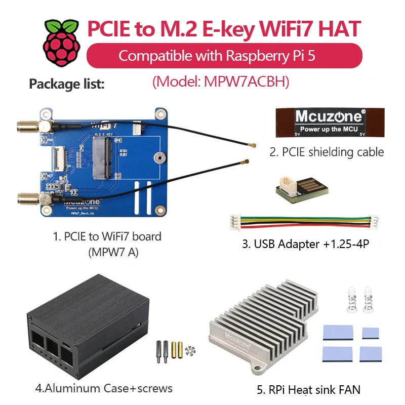 (ModelMPW7) PCIe WiFi7 Expansion Board for Raspberry Pi 5 Supports BE200/WiFi6E AX210/AX200 Compatible Google TPU for Education