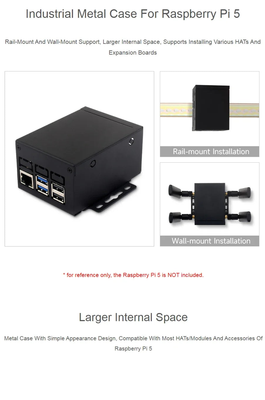 Raspberry Pi 5 Industrial Grade Metal Case D Support Install Cooler PCle/PoE HAT Protective Metal Shell for RPi Pi 5 Custom