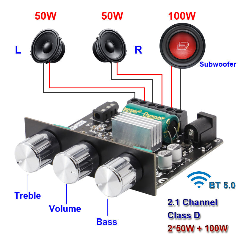 2*50W+100W Power Subwoofer audio Amplifier Board Class D 2.1 CH Home Theater Audio Stereo Equalizer APP AUX Amp pcb assembly Customize