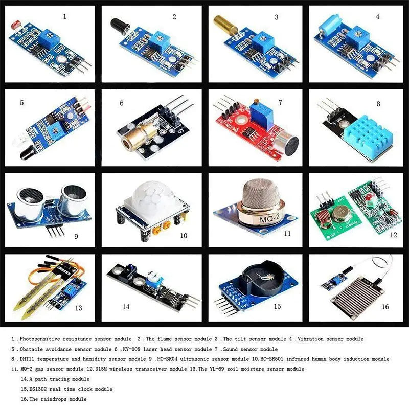 Custom 16 in 1 Modules Sensor Kit Project Super Starter Kits for Arduino R3 Mega2560 Mega328 Nano Raspberry Pi 4 3 2 Model B K62 Manufacturer
