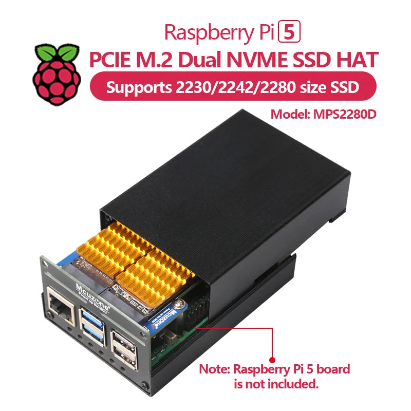 MPS2280D Raspberry Pi 5 Educational PCIE M.2 Dual NVME SSD HAT Support 2280/2242/2230 SSD