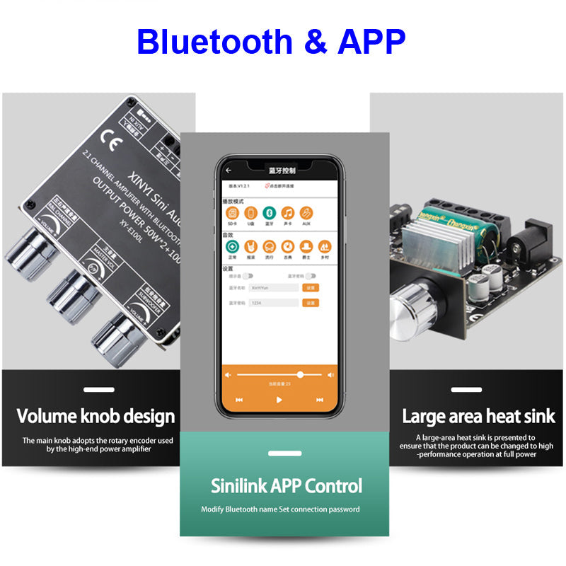 2*50W+100W Power Subwoofer audio Amplifier Board Class D 2.1 CH Home Theater Audio Stereo Equalizer APP AUX Amp pcb assembly Customize