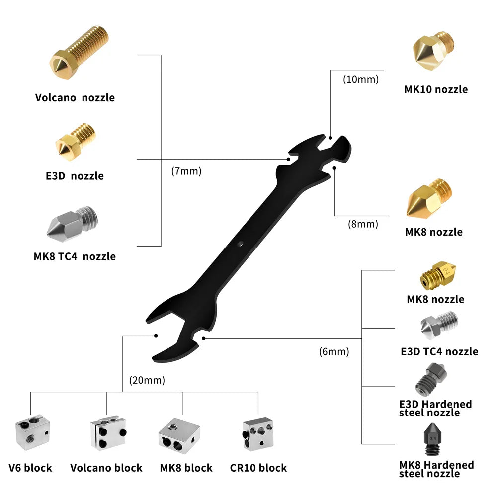 Custom 3D Printer Parts Nozzle Wrench 5 IN 1 Wrench Stay 6mm to 20mm Steel Spanner Wrench Flat For Ender 3 E3D MK8 MK10 Nozzle tool Manufacturer