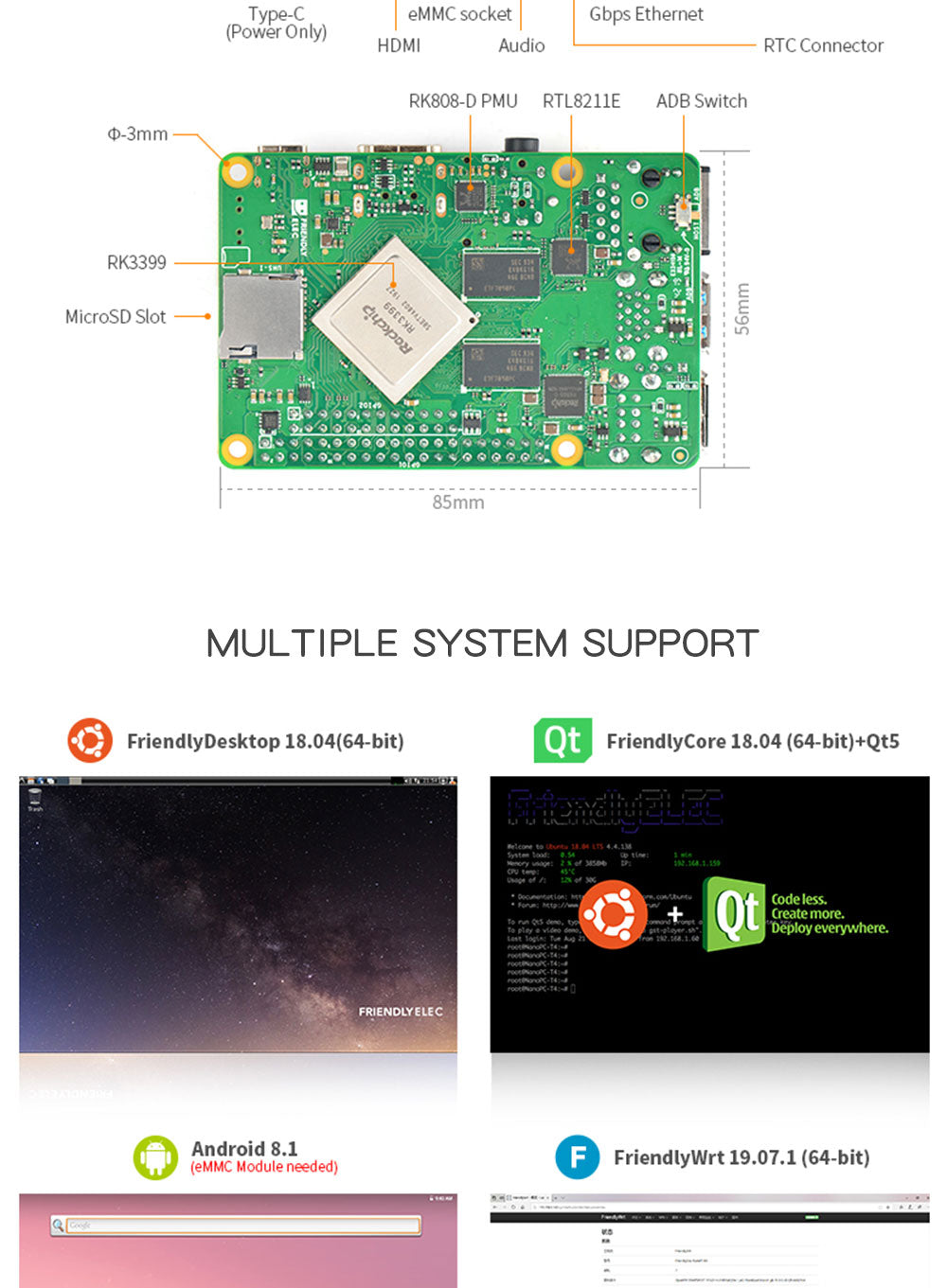 New Friendly RK3399 NanoPi M4B PCIe Expansion 2G Memory Dual Camera 4K Playback Android 8 Custom PCB charge pcba customize