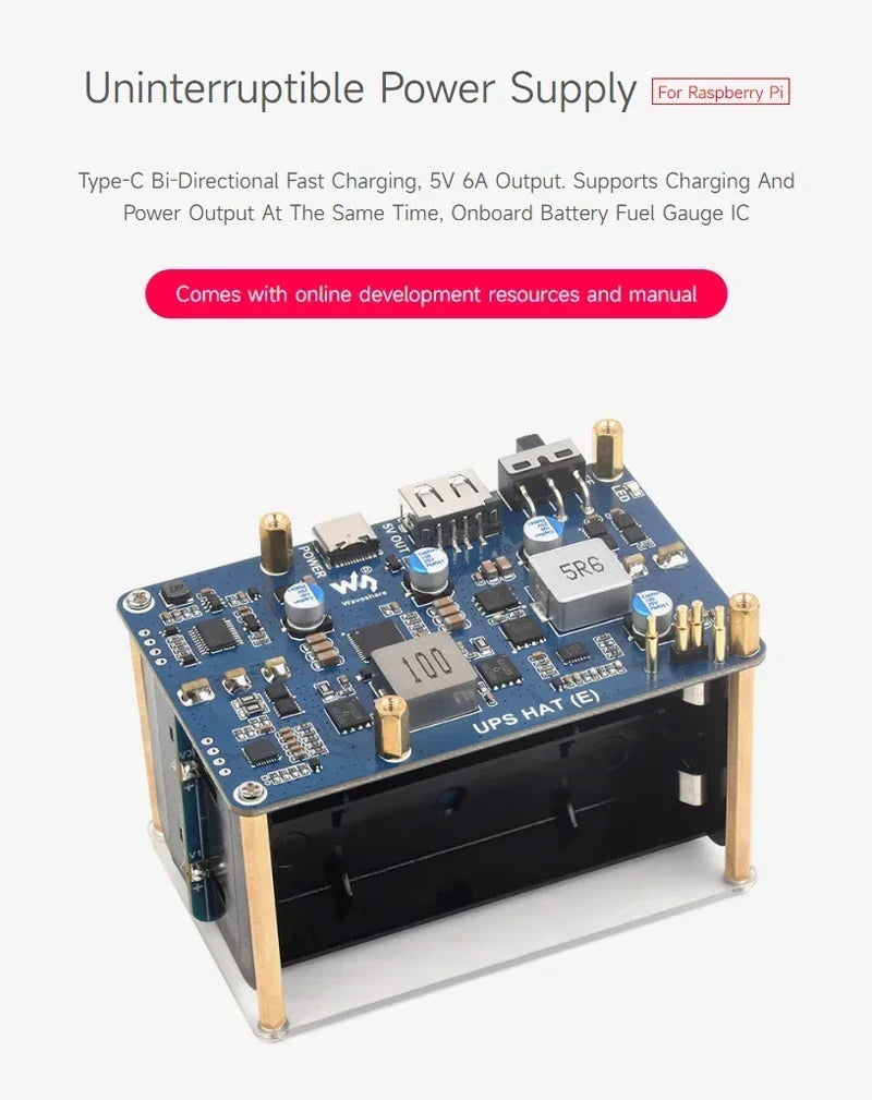 Raspberry Pi 5 UPS HAT (E) 5V 6A Uninterruptible Power Supply Supports 4x21700 Li Batteries (Not Included) Pogo Pins Connector