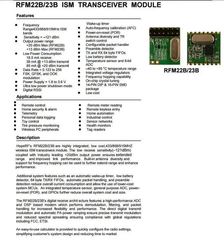 Custom RFM23B 868mhz Wireless transceiver module