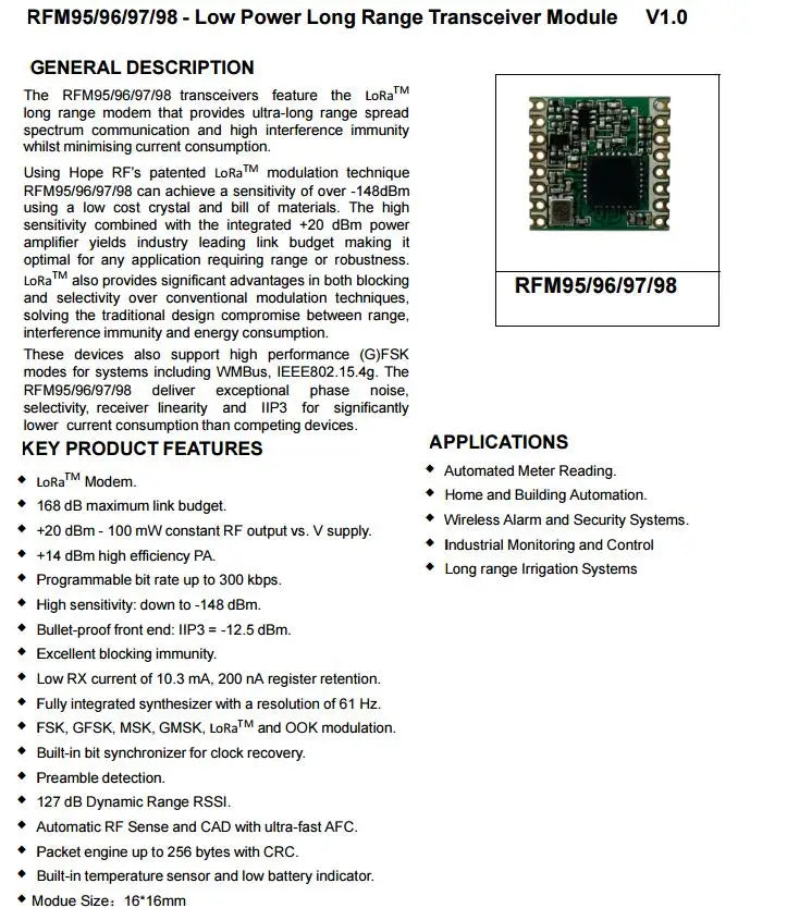 Custom RFM98 433mhz SX1278 LoRa Spread Spectrum Low Power Long Range Wireless Transceiver Module