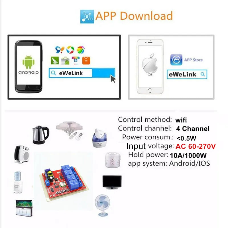 Custom 220V 4CH Channel Smart Wifi Switch 4 Way 110V 270V Directly Control Home Appliance 10A wi-fi Control by Phone APP Manufacturer