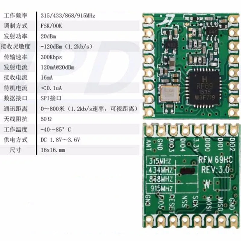 Custom With antenna RFM69hcw 433/868/915mhz FSK Wireless Transceiver Module SX1231 16*16mm