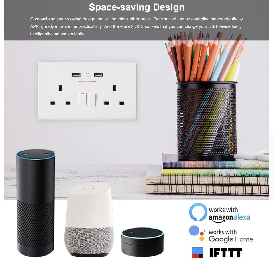 Custom Lonten WiFi Smart Wall Outlet Dual Sockets UK Plug smart remote control compatible with IFTTT Alexa Google Home Manufacturer