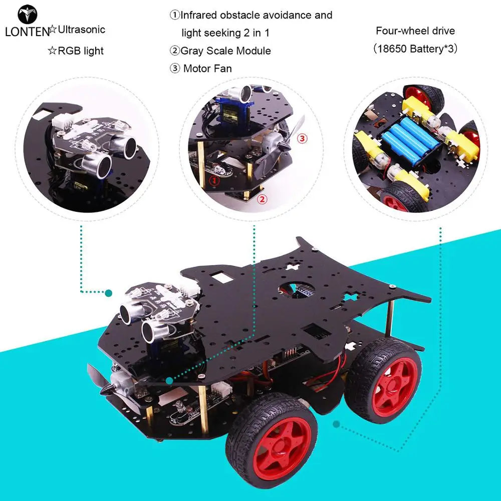 Custom Lonten Robot Car 4WD Programming Stem Education off-road light Tracking Robot Toys with Tutorial for arduinos with for R3 Mainbo Manufacturer