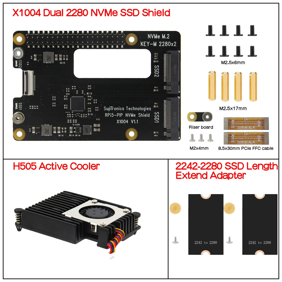 X1004 Dual 2280 NVMe SSD shield with Cooler for Raspberry Pi 5