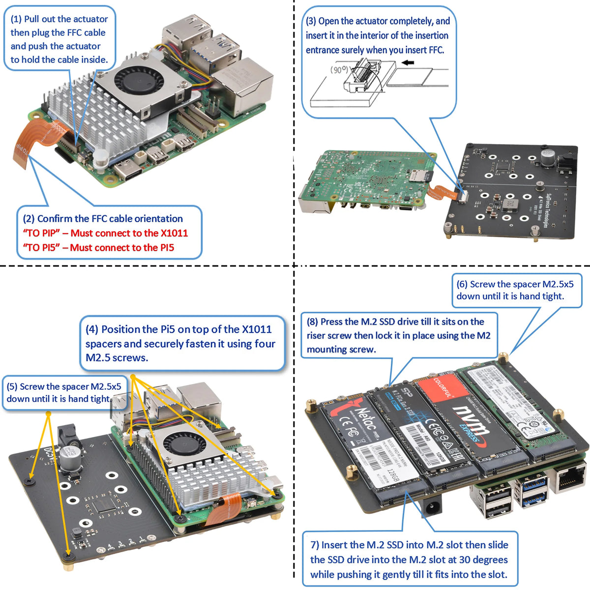 Custom X1011 PCIe to NVMe Shield support four 2280/2260/2242/2230 M.2 NVMe SSDs for Raspberry Pi 5