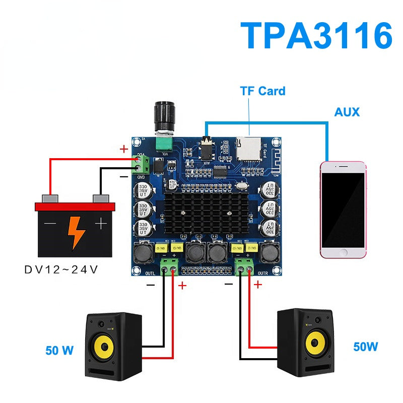2*50W TPA3116 4.1 Digital Audio Amplifier Board Dual Channel Class D Stereo Aux TF Card Amp DC12-24V pcb assembly Customize