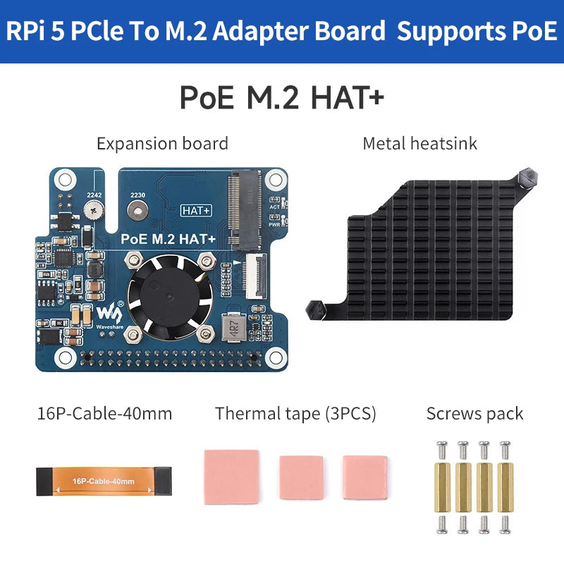 Raspberry Pi 5 PCIe to M.2 Adapter with PoE Support NVMe Protocol M.2 Solid State Drive 802.3af/At Network Standard Pi 5 PoE HAT