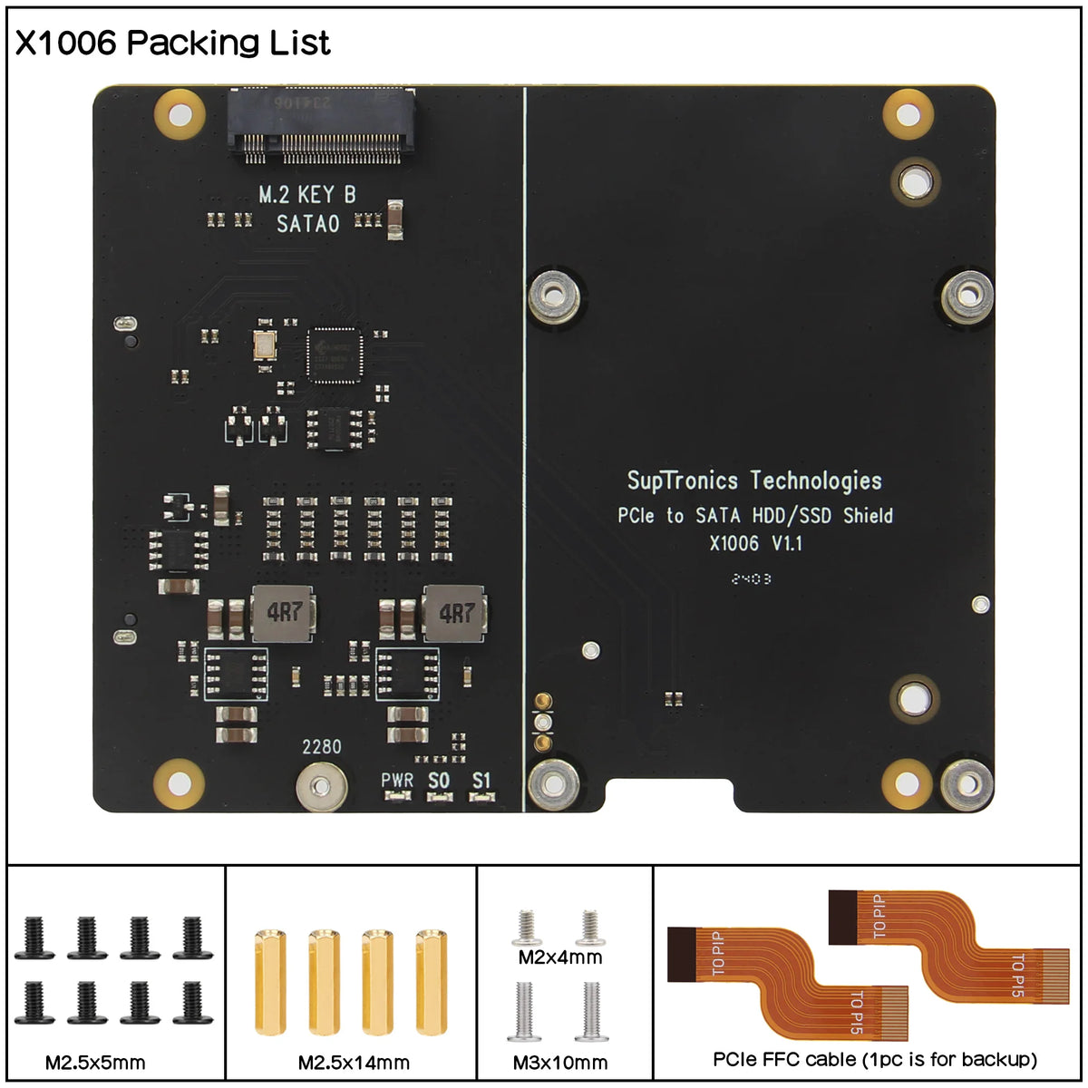 Custom X1006 PCIe to 2.5" SATA SSD/HDD+M.2 2280 SSD Shield for Raspberry Pi 5 (NOT Support Boot from SSD)