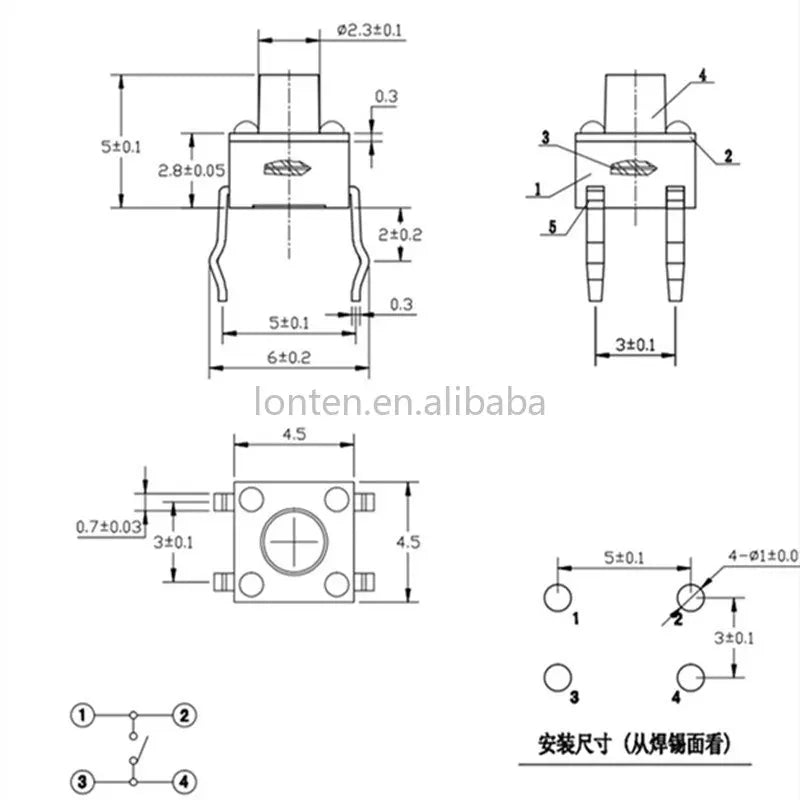 Custom 4.5x4.5mm Panel PCB Momentary Tactile Tact Mini Push Button Switch DIP 4pin 4.5x4.5x3.8/4.3/5/6/7/8/9/10 MM 4.5*4.5*4.3MM Manufacturer