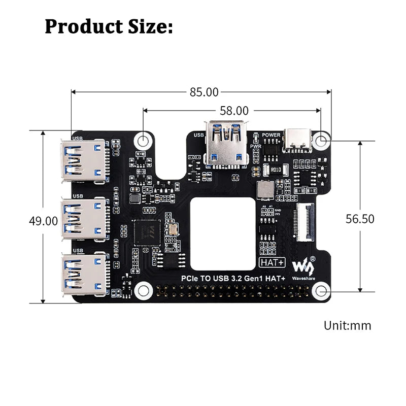 Custom PCIe To USB 3.2 Gen1 HAT for Raspberry Pi 5 PCIe to USB HUB 4x High Speed USB Ports Plug and Play HAT+ for RPI 5