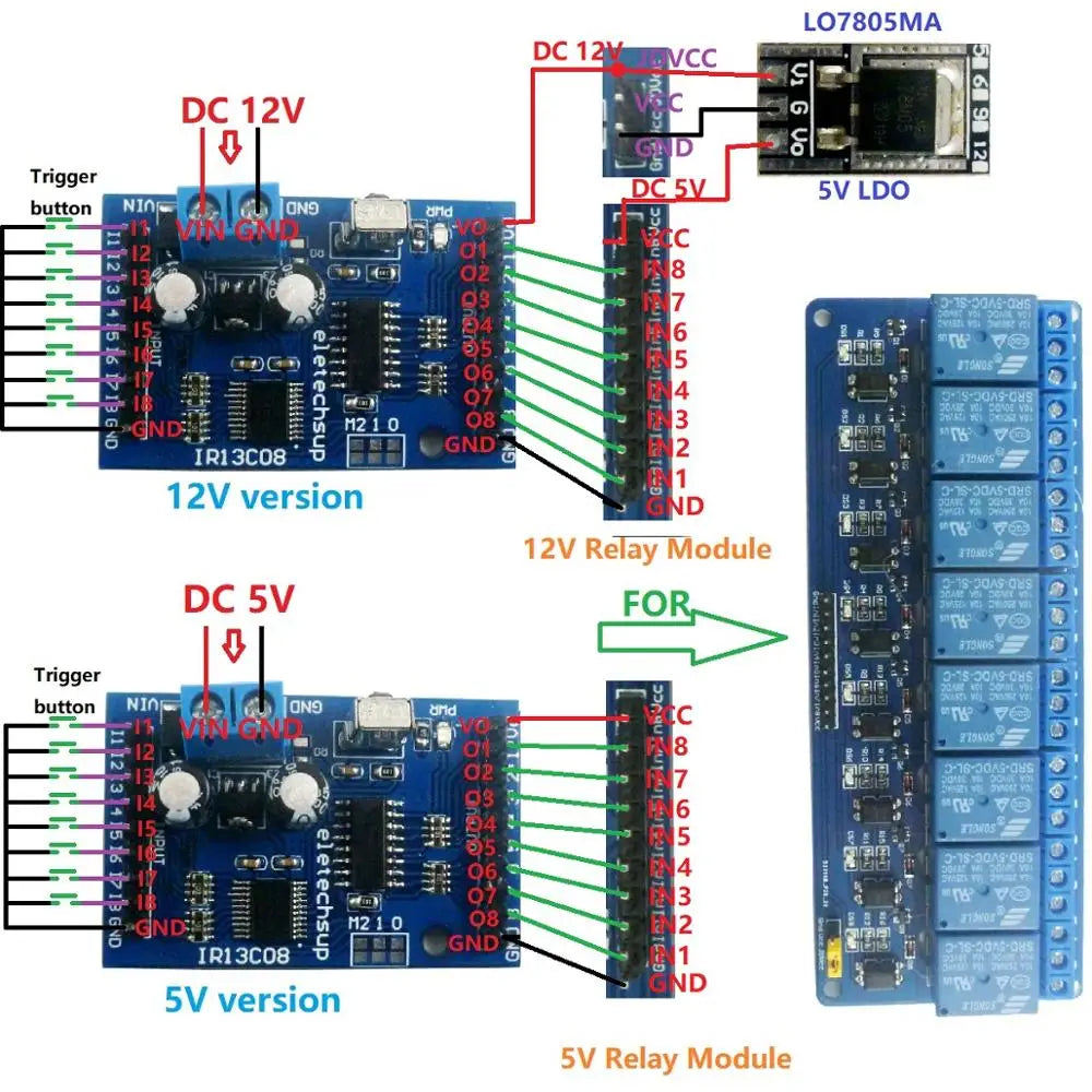 Custom OEM DC 5V 12V Multi-function VS1838 IR infrared control Switch Module for 8 Channel Delay Self-locking Inter-locking Relay Diy B Manufacturer