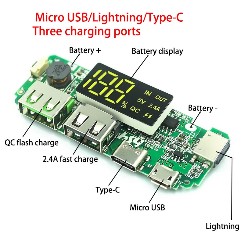 Custom LED Dual USB 5V 2.4A Micro/Type-C USB Mobile Power Bank 18650 Charging Module Lithium Battery Charger Board Circuit Protection
