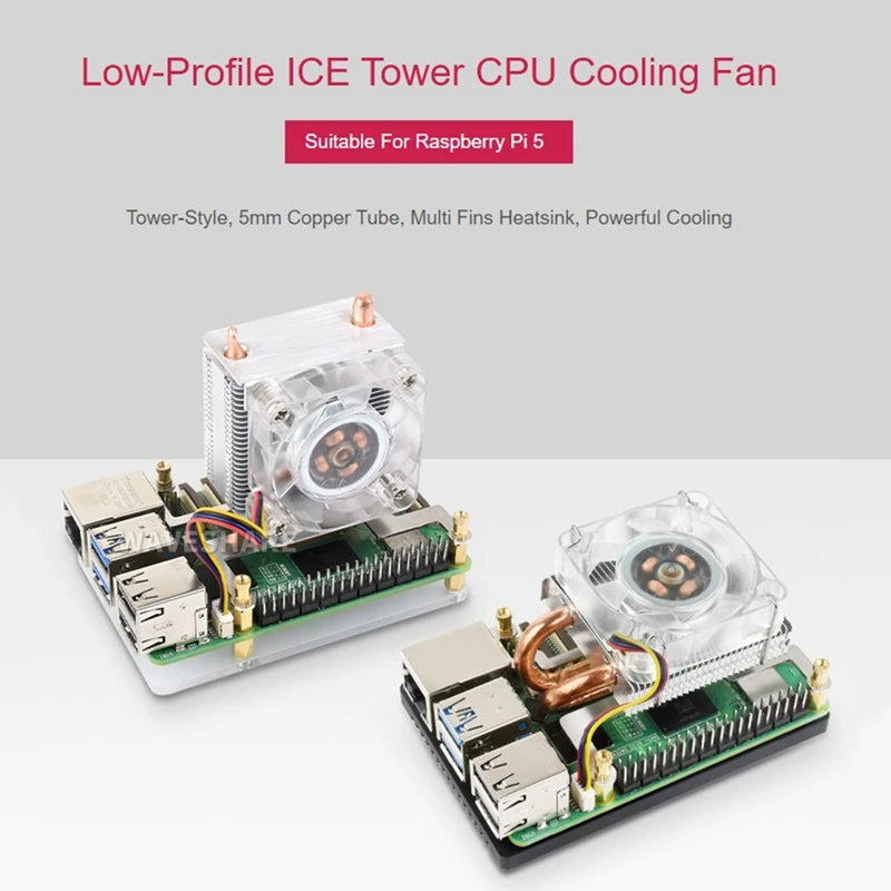 Low-Profile ICE Tower CPU Cooling Fan For Raspberry Pi 5,U-Shaped Copper Tube With Colorful RGB,ICE Tower Fan