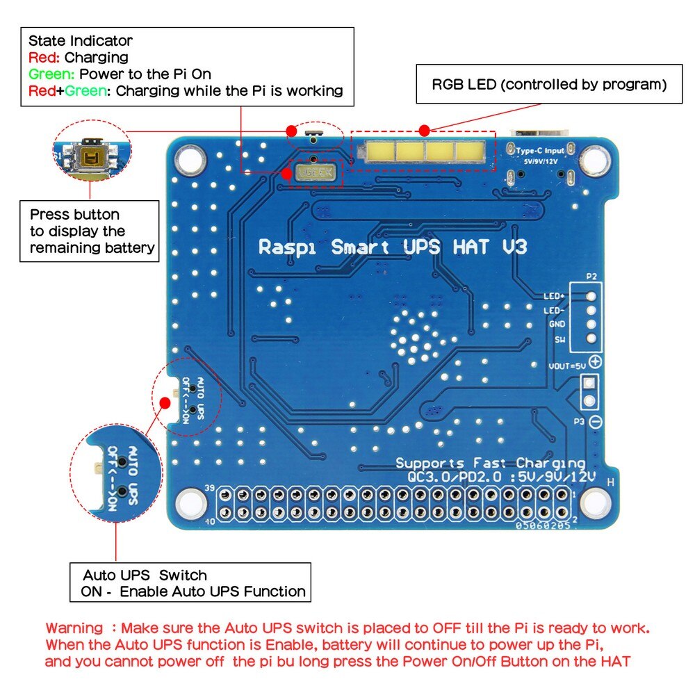 Raspberry Pi 4 UPS HAT 3 with Type-C, Lithium Battery Expansion Board Module (Without Battery) for Raspberry Pi 4 Model B/3B+/3B customize