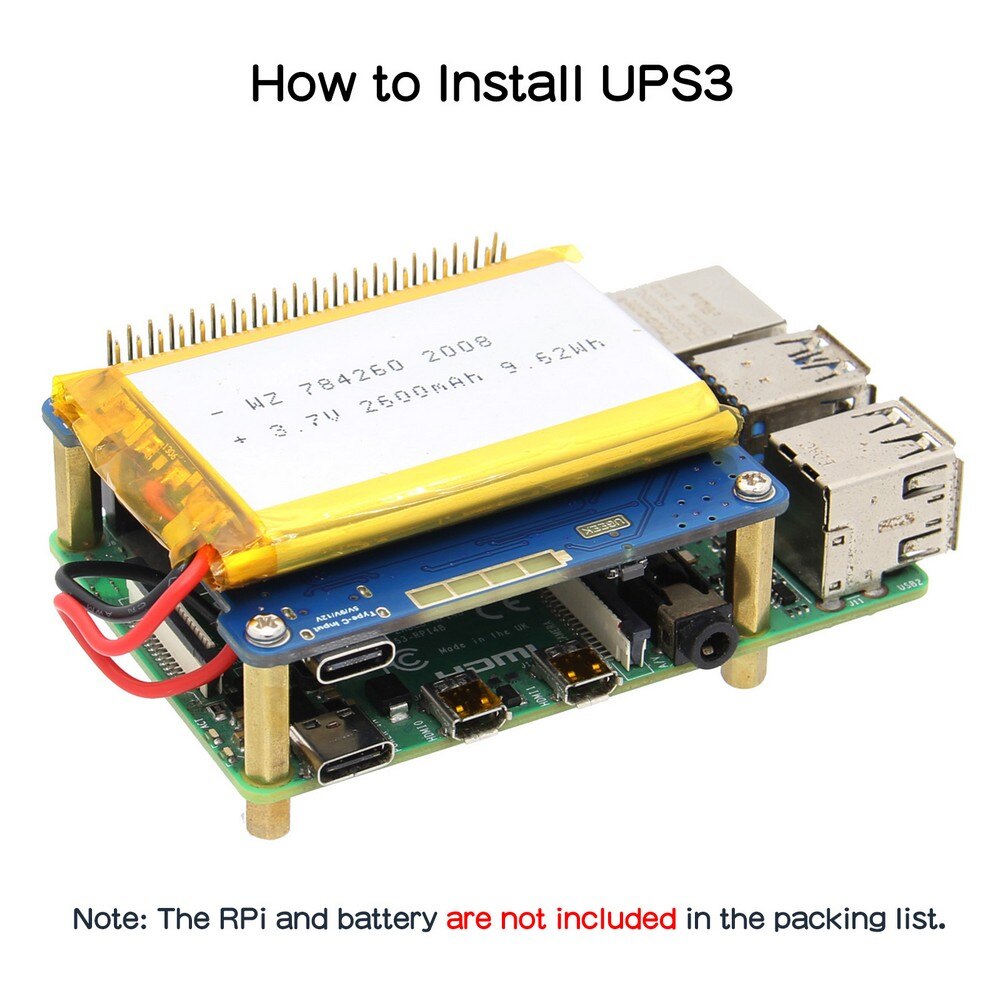 Raspberry Pi 4 UPS HAT 3 with Type-C, Lithium Battery Expansion Board Module (Without Battery) for Raspberry Pi 4 Model B/3B+/3B customize