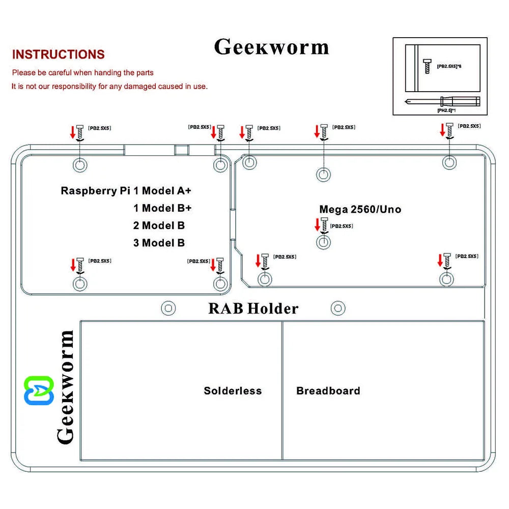 Custom Pi 5/4B/3B+ Plate, 5in1 RAB Holder Breadboard Base/ ABS Case / Education Platform for Arduino UNO Mega 2560