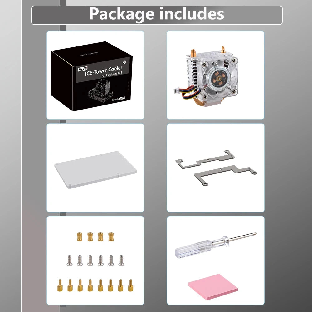 Custom Pi 5 ICE Tower Cooler Copper Tube CPU Radiator PWM JST RGB LED Light Cooling Fan for RPI5 Pi 5